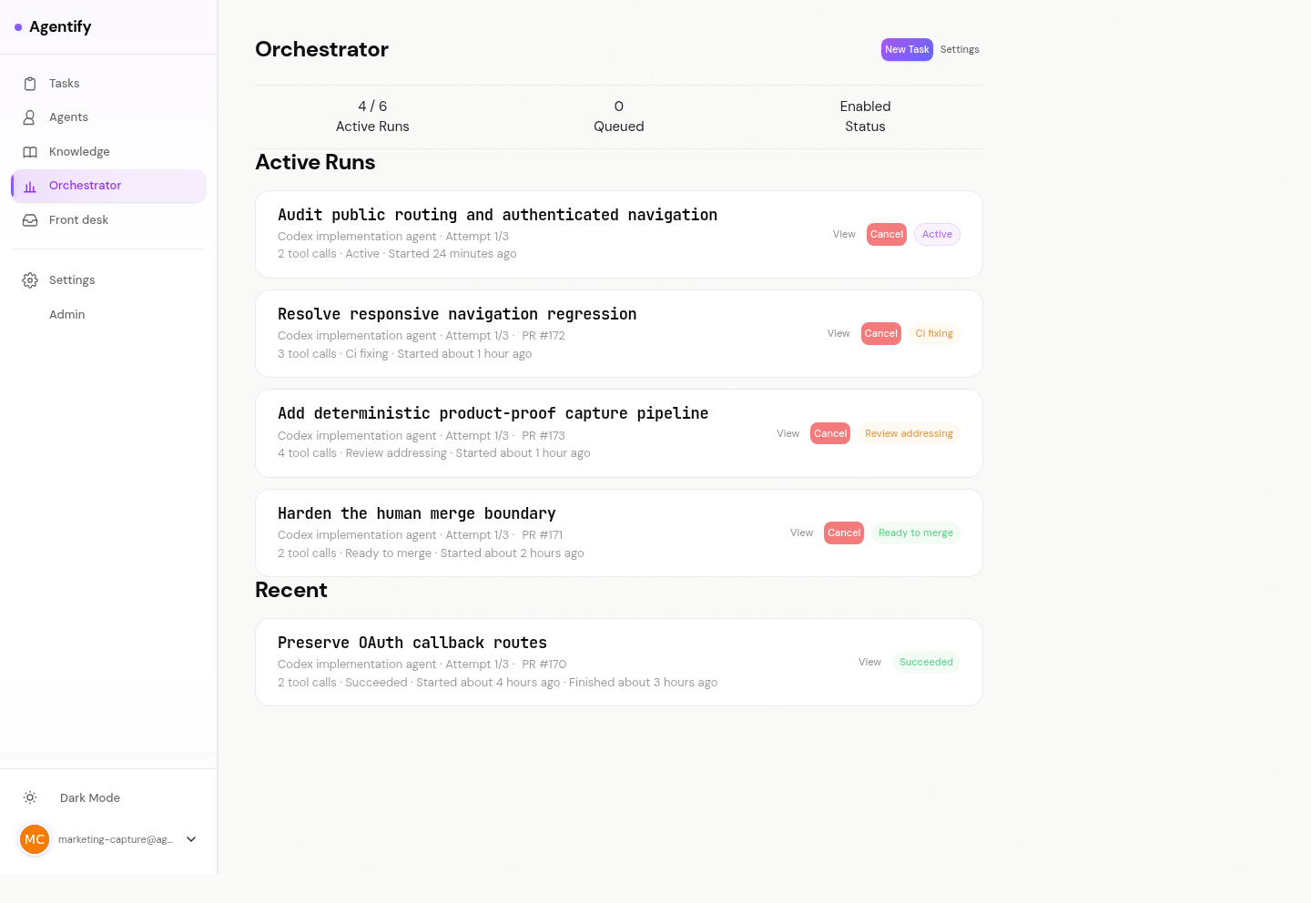 Agentify Orchestrator showing multiple persisted coding-agent runs in distinct lifecycle states.