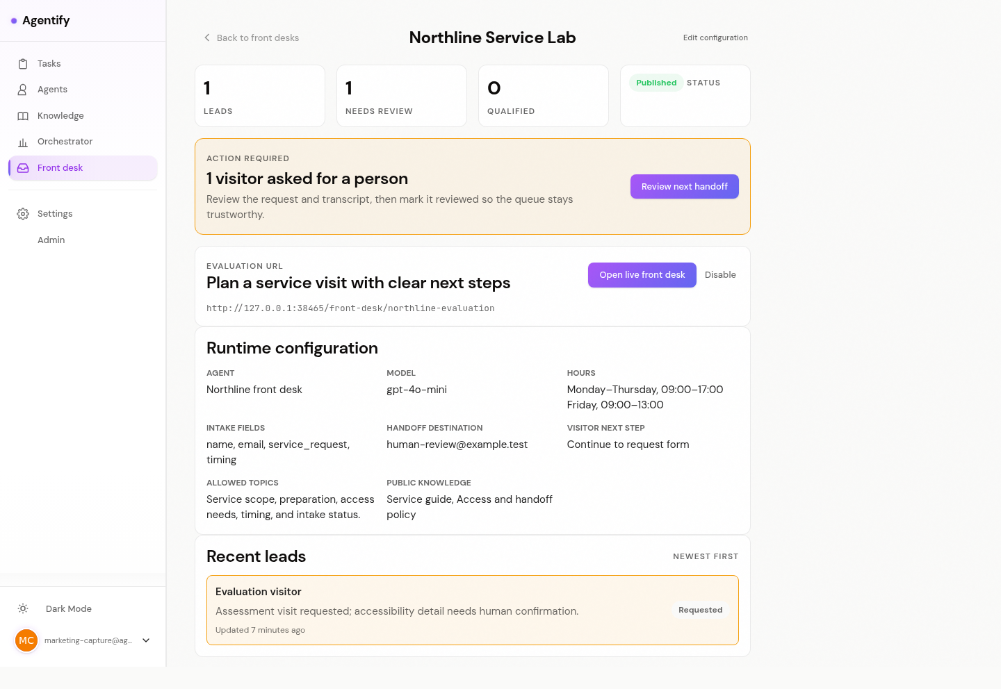 Agentify Front Desk configuration showing published status, intake fields, knowledge, hours and human handoff controls.