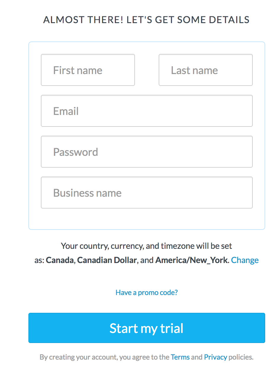 Historical Amidship signup screen showing business-account onboarding.