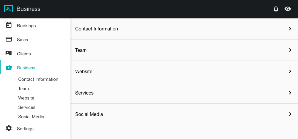 Historical Amidship desktop administration showing Bookings, Sales, Clients, Business and Settings navigation.