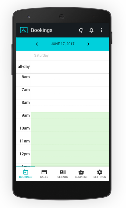Historical Amidship mobile booking calendar with Bookings, Sales, Clients, Business and Settings navigation.